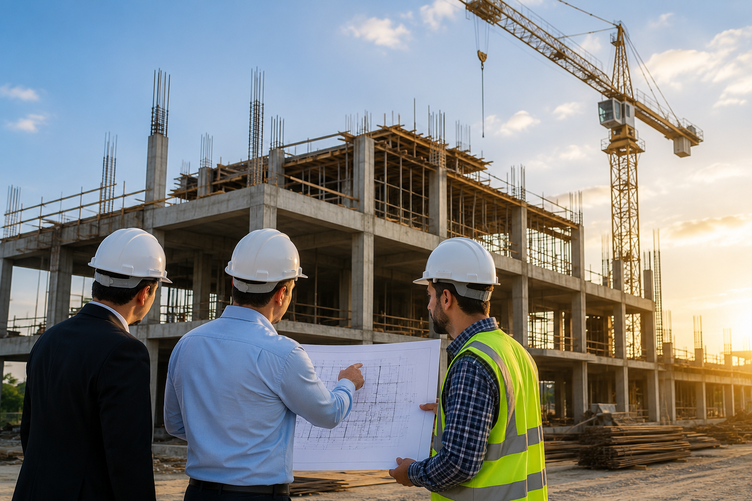 Engineers reviewing blueprints on an AS Builder construction site